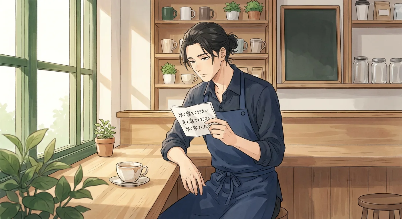 Haru sits alone at the café counter, a thoughtful expression on his face as he looks up from his laptop. Sunlight streams in through the window behind him, illuminating the warm wooden interior of Komorebi House.