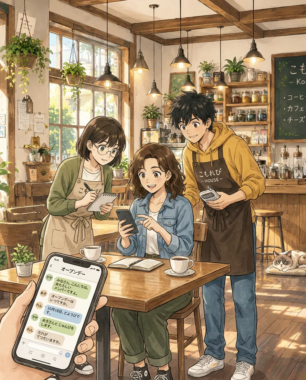 Illustration of Komorebi House café: Maya Torres and Aki Mori and Ren Nakamura. Maya adds the learner to the Open Day group chat.