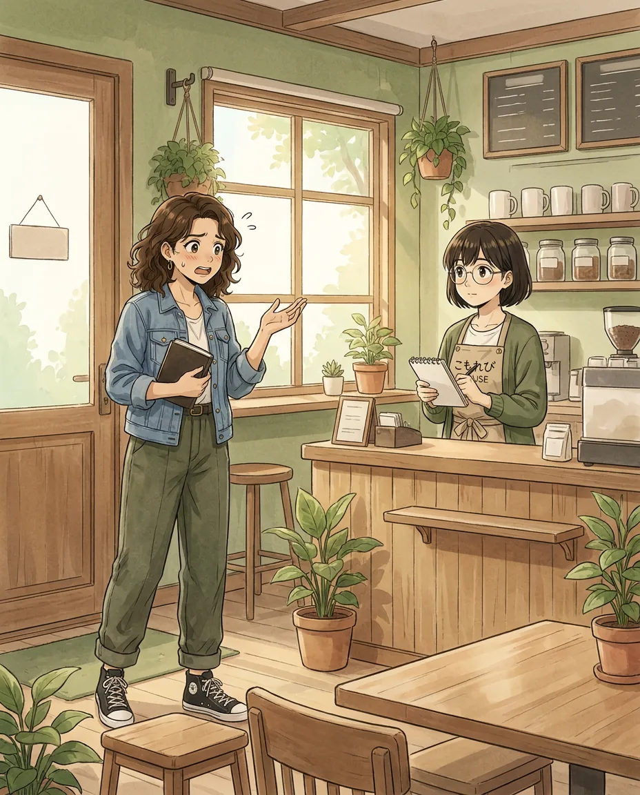 Maya checks her watch with a slightly worried expression while sitting at a table in the café.