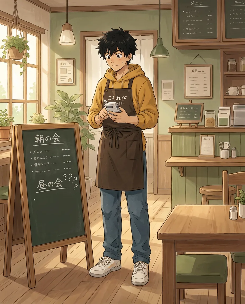 Ren sits at a table near the café window, smiling as the morning sun streams in.