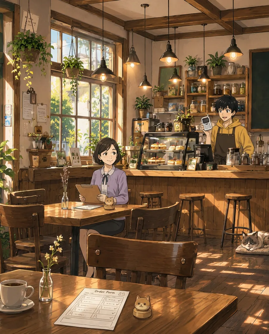 Illustration of Komorebi House café: Fumiko Sato. The order form is filled in with real figures.