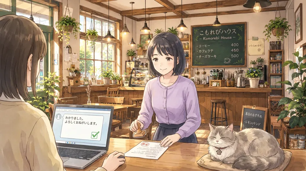 Illustration of Komorebi House café: the room, empty, seen over your shoulder. The learner catches the error, the profile is approved, and Module 1 closes.