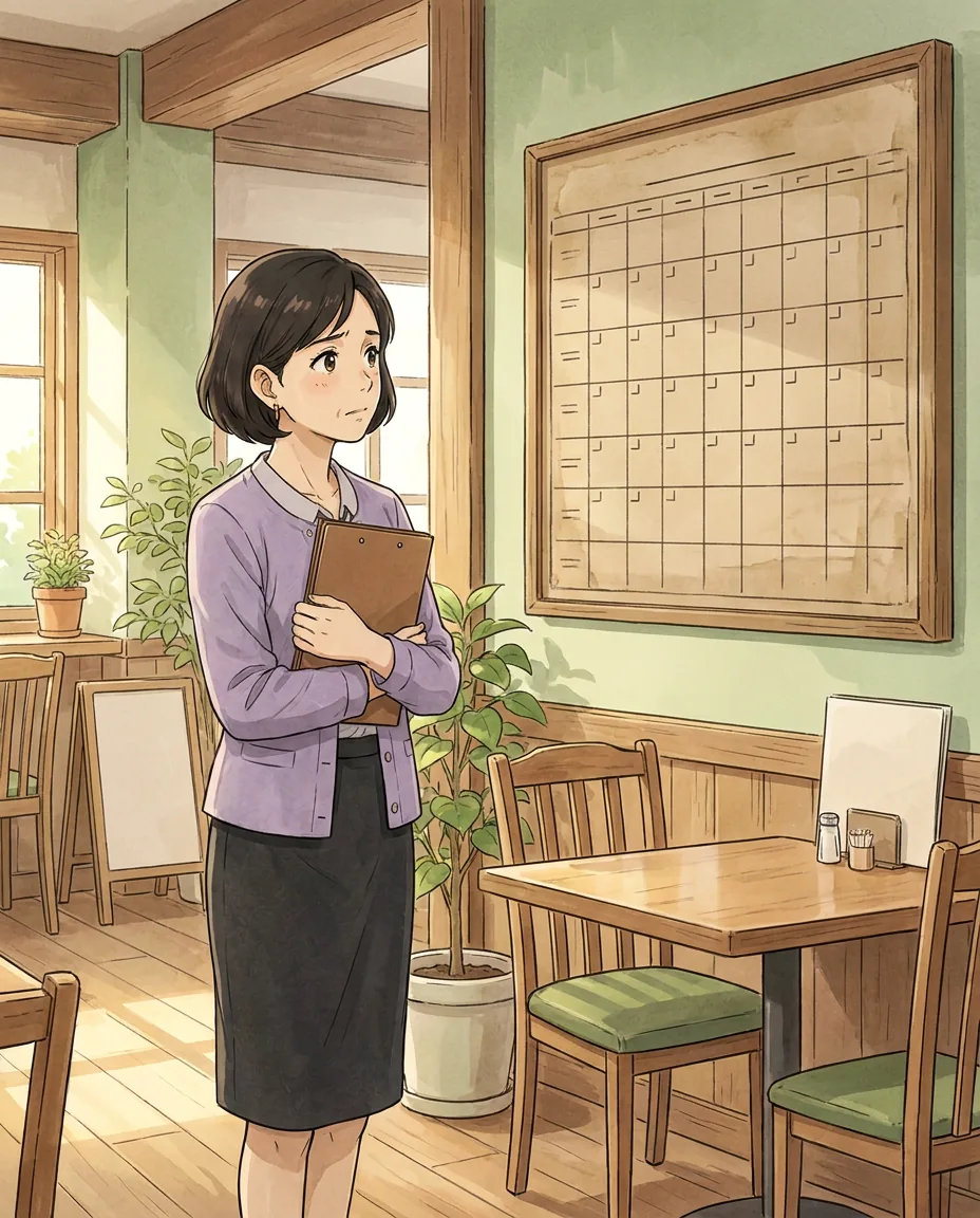 Mr. Sato stands before a mirror in the café, adjusting a new hat on his head with a critical eye.