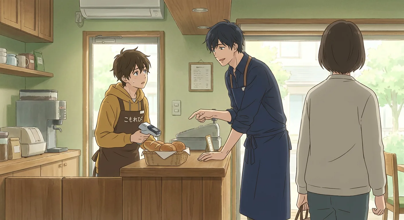 Haru winces as he rolls his shoulder, looking like he has a stiff muscle from working on his laptop at the café.