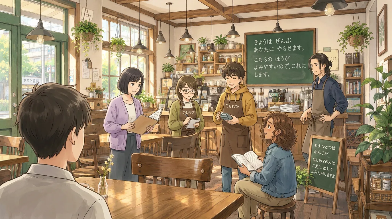 Seen over your shoulder, you look out at the audience, where Sato, Aki, Ren, Maya, and Haru are all sitting and smiling at you.