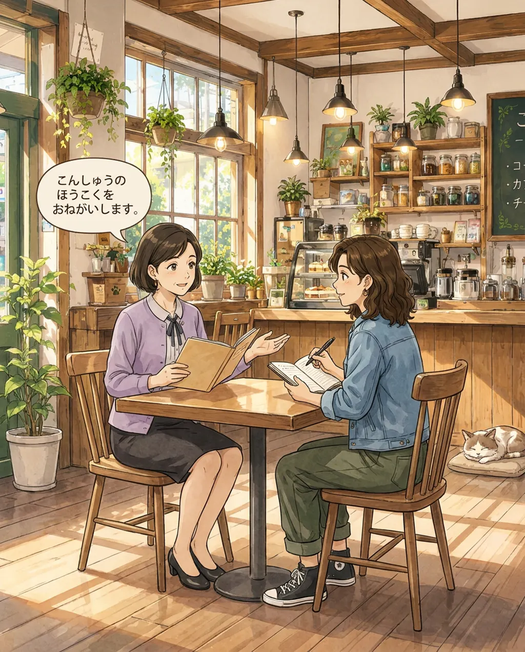 Illustration of Komorebi House café: Fumiko Sato and Maya Torres. Sato asks for a status update on the week.