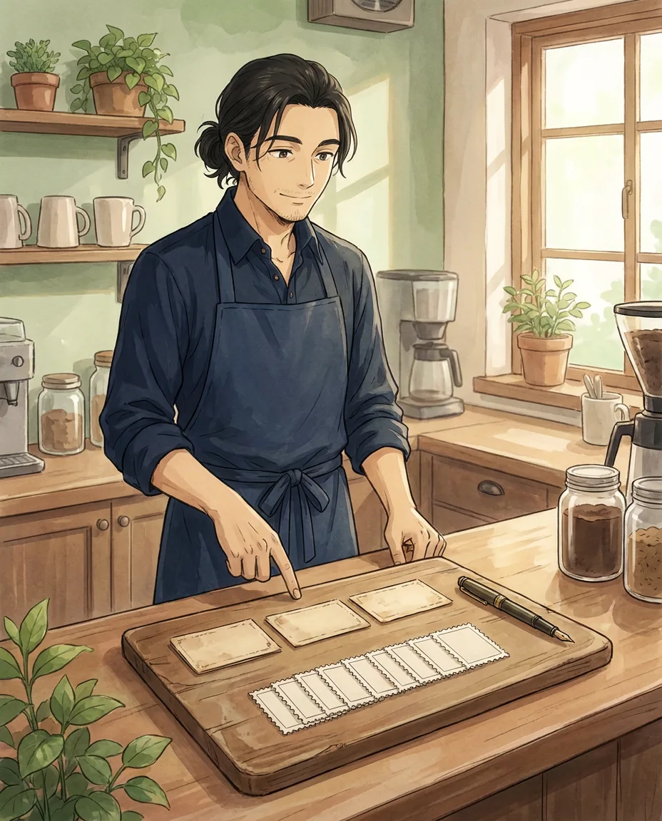 Haru sits at a table in the café, surrounded by his laptop, notebooks, and a cup of coffee.