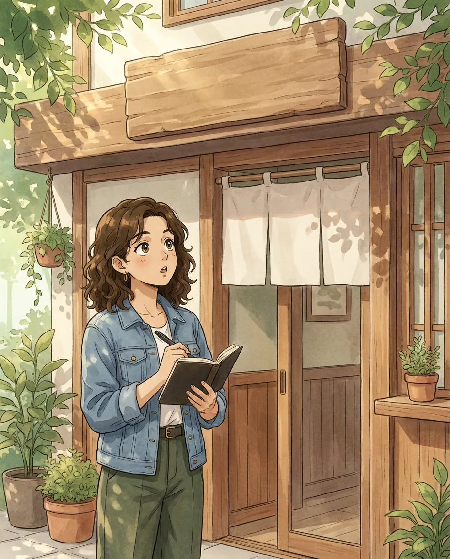 Maya sits at a table in the Komorebi House café, smiling as she points towards her own eye.