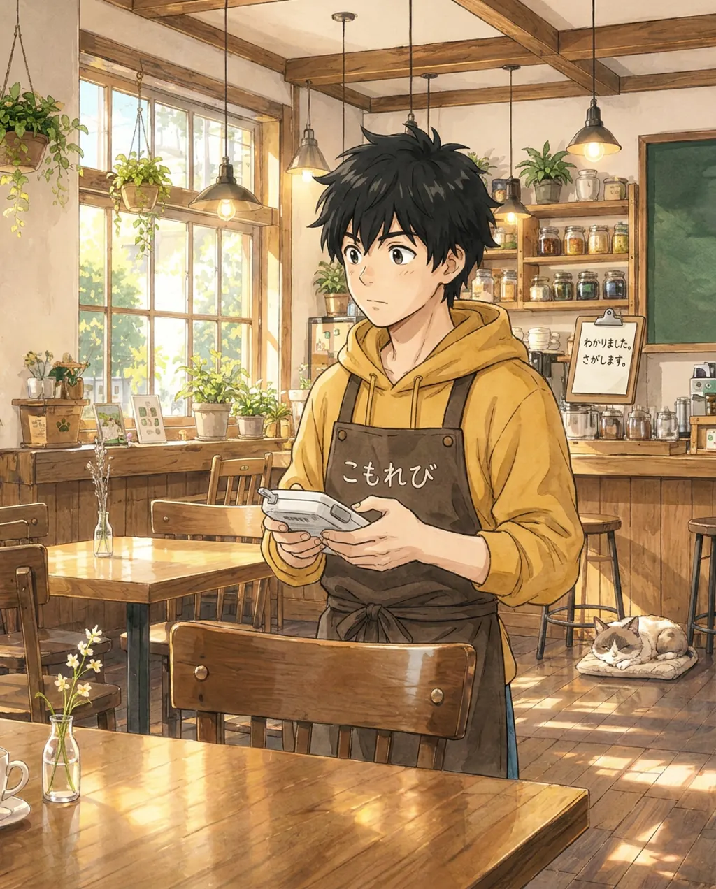 Illustration of Komorebi House café: Ren Nakamura. The learner coordinates three requests and the reprint is paused.