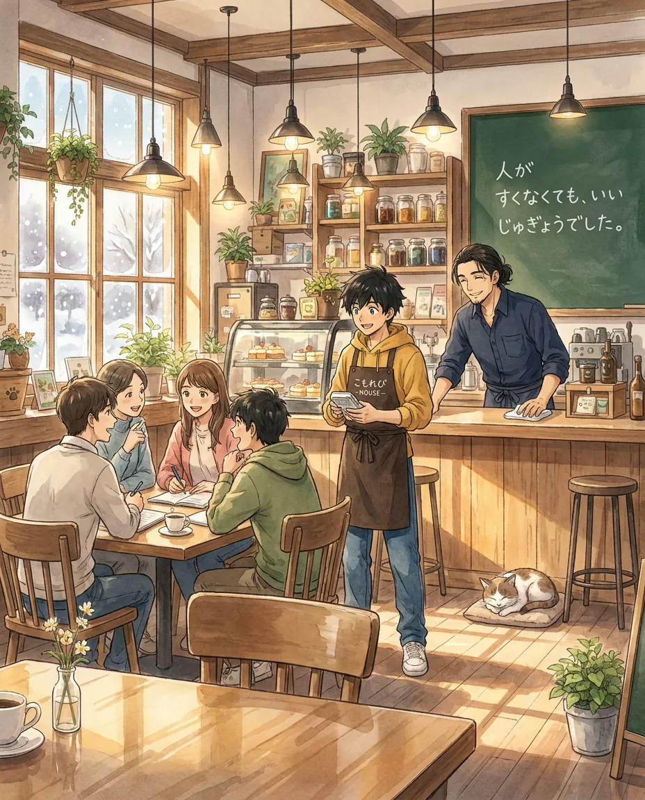 Haru smiles as he looks over a small, cheerful group in the cozy café, while snow falls outside the window.