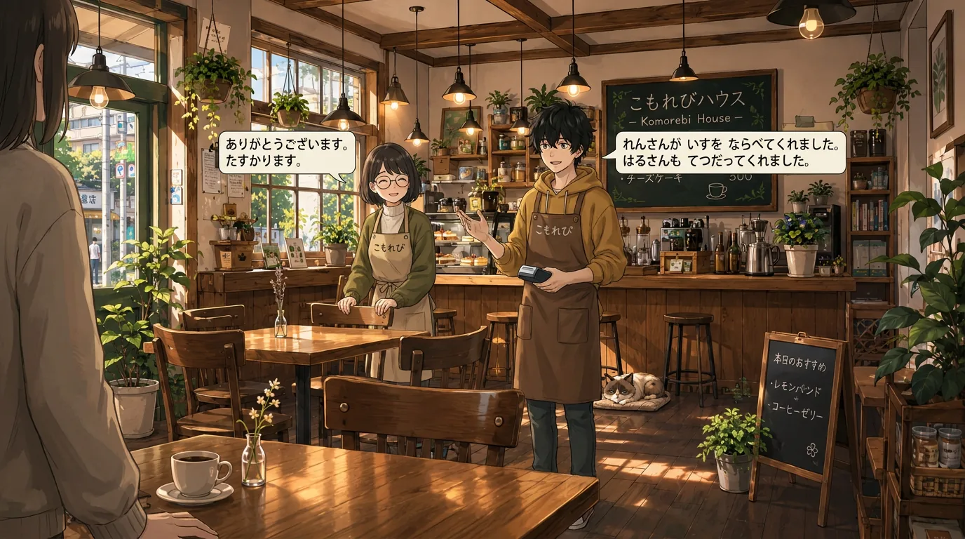 Seen over your shoulder, Aki and Ren are in the brightly lit Komorebi House café. The room is already prepared with tables and chairs for the session.