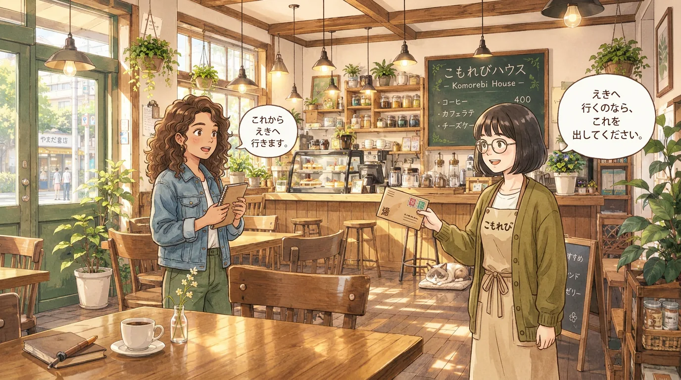 Maya puts on her coat by the café door, as Aki approaches her with a hopeful expression, holding a small package.