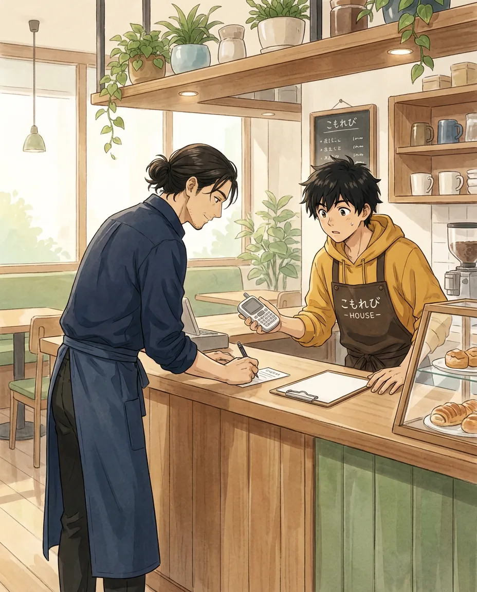 Haru and Ren are sitting together at a café table, engaged in a friendly and animated conversation.