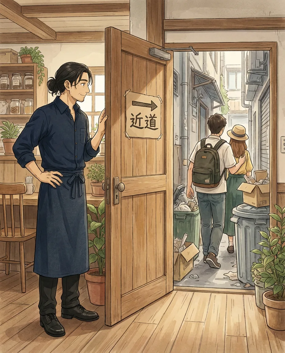 Haru sits at a sunlit table in the café, looking at a map on his tablet as he plans a route.