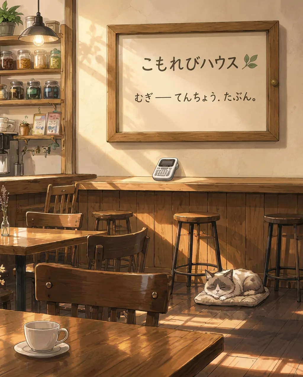 A cardboard delivery box sits on the counter of the café. Ren looks down at the box, while Mugi the cat stands on hind legs to sniff it curiously.