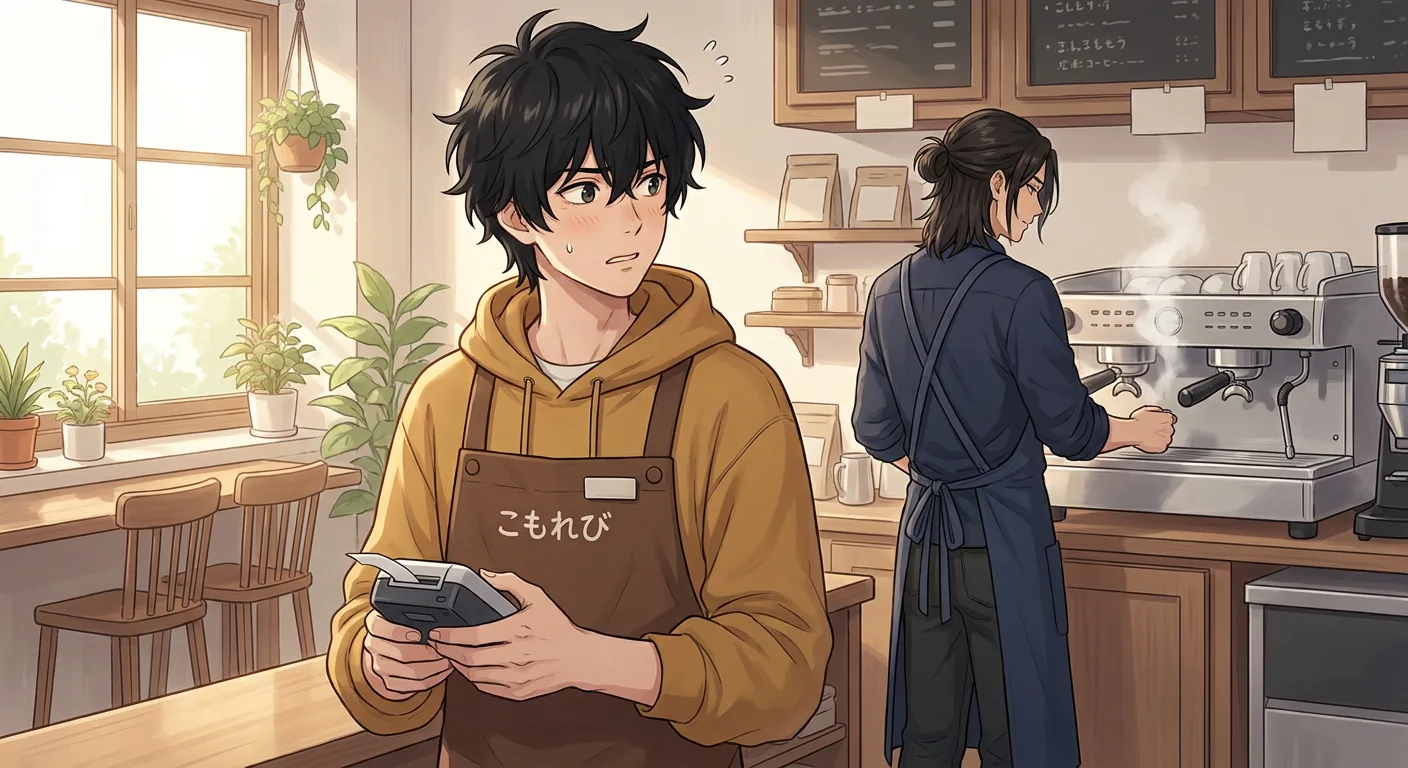 Ren smiles gratefully as someone just out of frame hands him a book at the café.