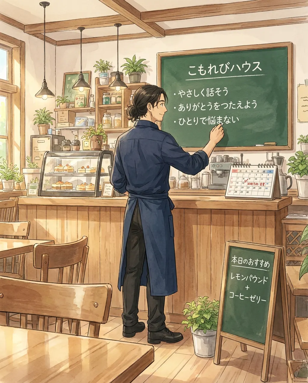 Illustration of Komorebi House café: Haru Kondo. Haru adds a third rule and the printing is rescheduled.
