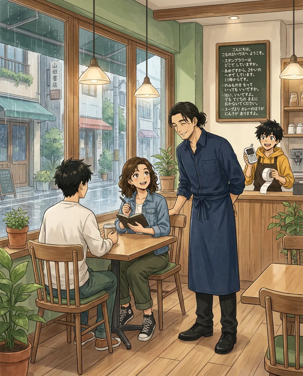 Illustration of the street outside Komorebi House: Maya Torres and Haru Kondo, seen over your shoulder. The rain arrives and the event moves inside.