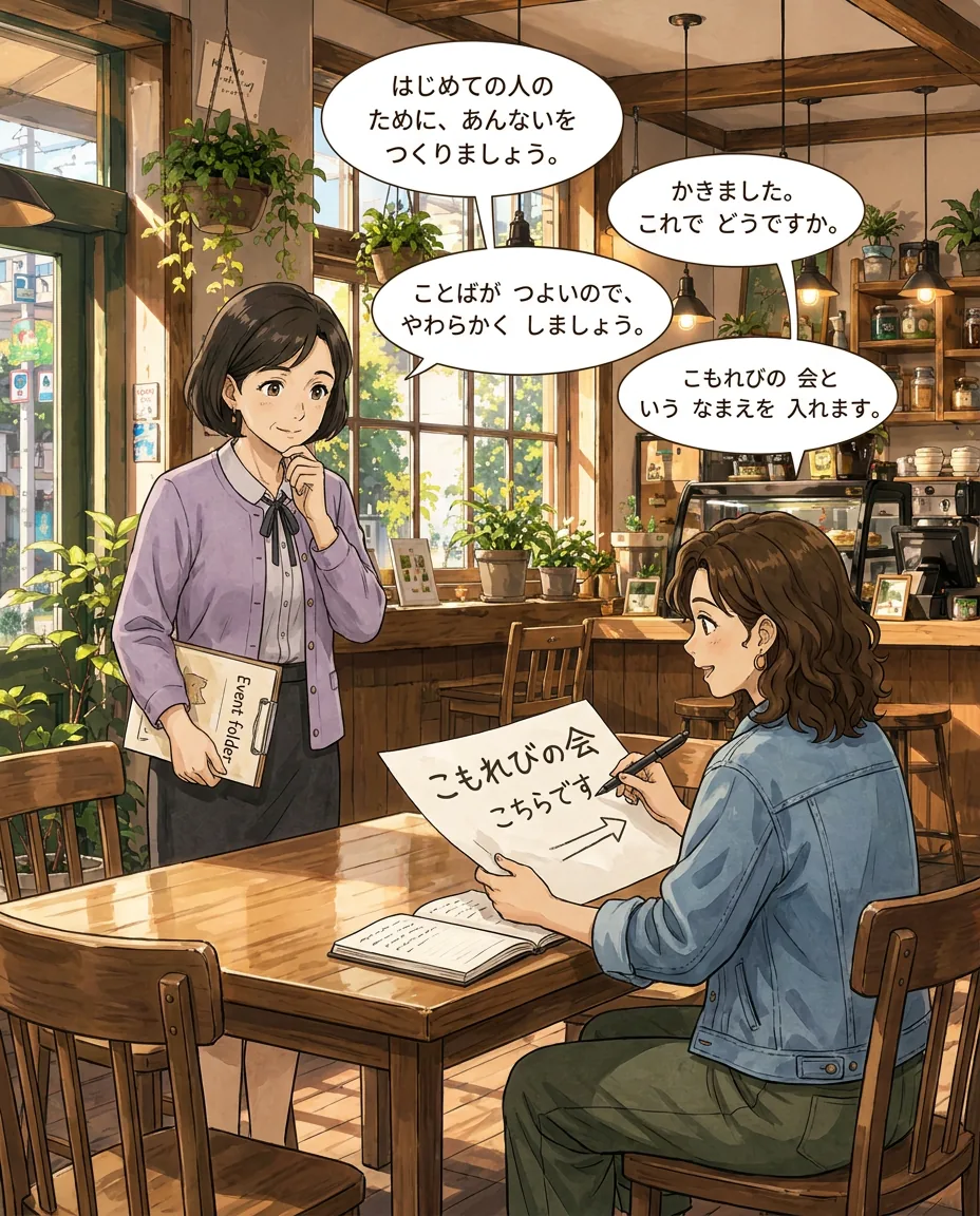Sato and Maya stand outside the café, looking at the entrance as if deciding where to place a sign.