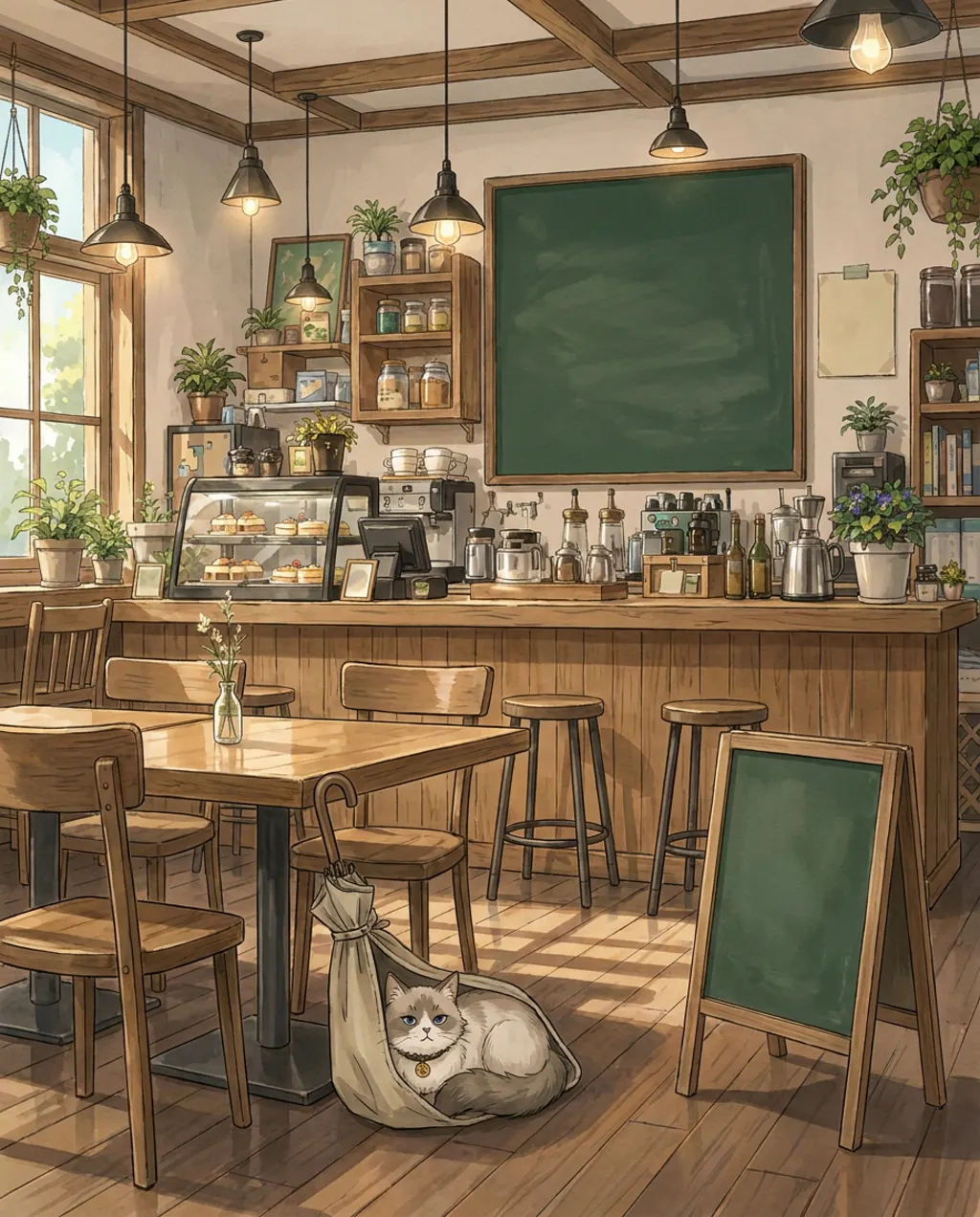 Under a café table, the dark-blue umbrella lies next to its open bag, from which Mugi the cat is peeking out.