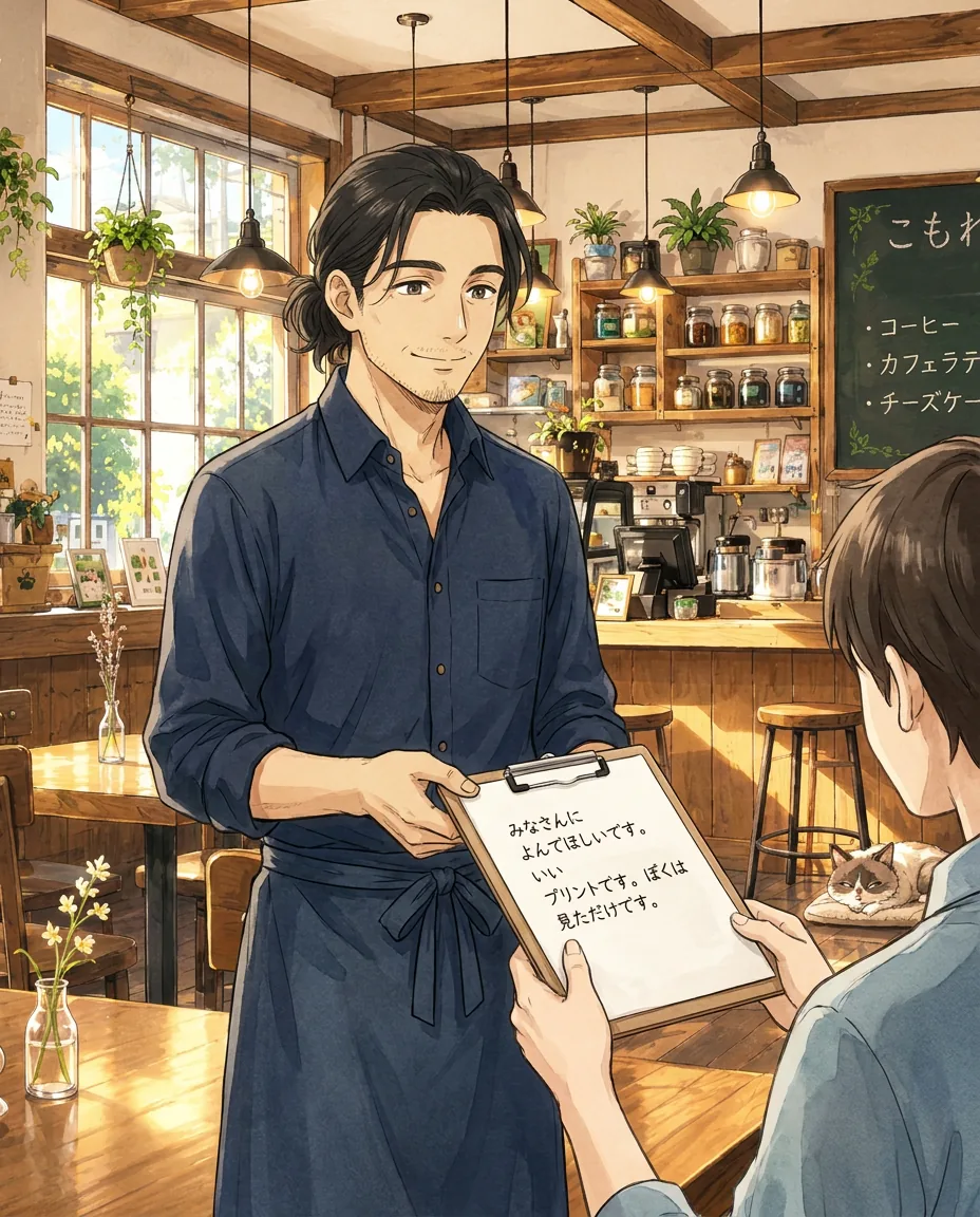 From your point of view, Haru smiles and gives you a thumbs-up from behind the café counter.