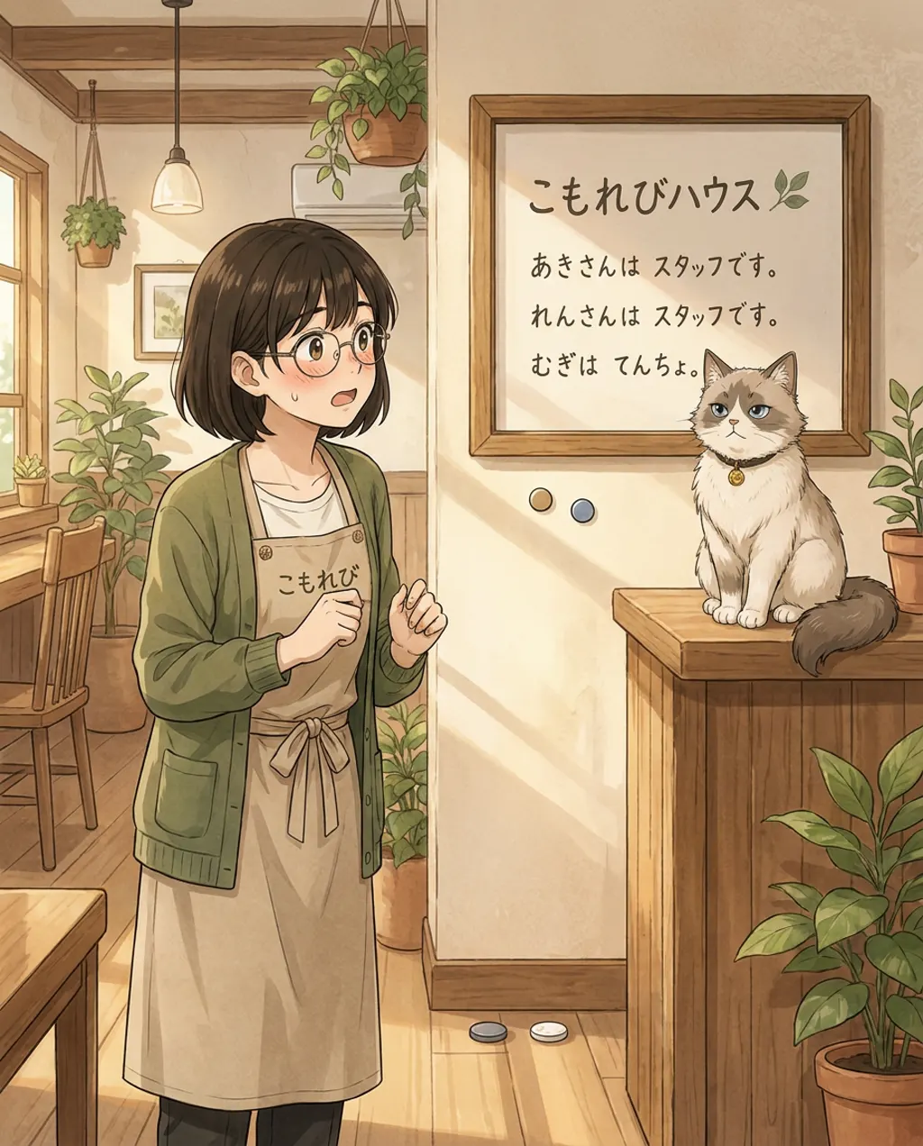 Illustration of the staff board at Komorebi House: Aki Mori. The staff board carries a row of small magnets, one particle each. Mugi has knocked two of them onto the floor and the sentence above now means something no one intended.