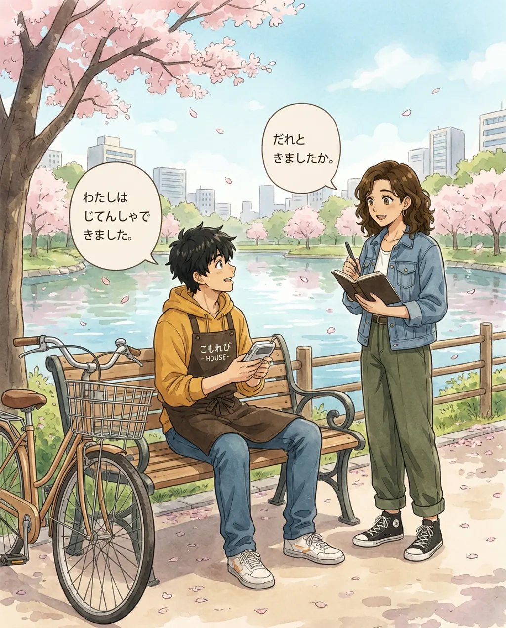 Illustration of the park bench: Ren sits with a borrowed bicycle beside him and asks who you came with, while Maya stands with her notebook.