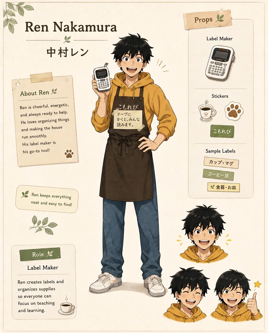 Ren smiles, pointing to a piece of tape with handwritten instructions stuck to the side of the printer.