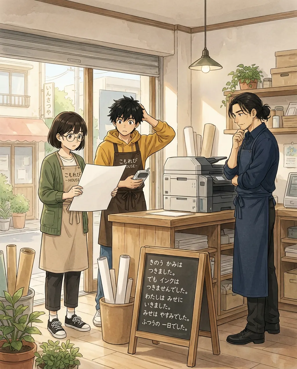 Illustration of the print shop: Aki Mori and Ren Nakamura. No posters were printed yesterday and nobody is sure why.