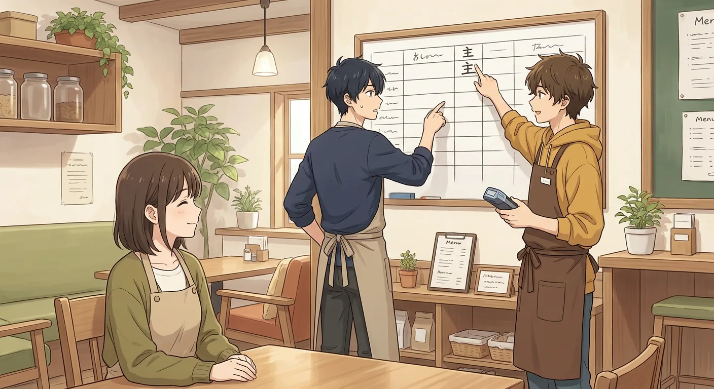 In the warm light of the café, Aki smiles from her seat at a wooden table, with Ren and Haru sitting with her just out of frame.