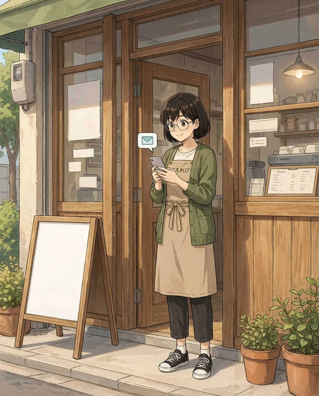 Illustration of the print shop: Aki Mori. Haru turns the sign; the route is confirmed by message instead.