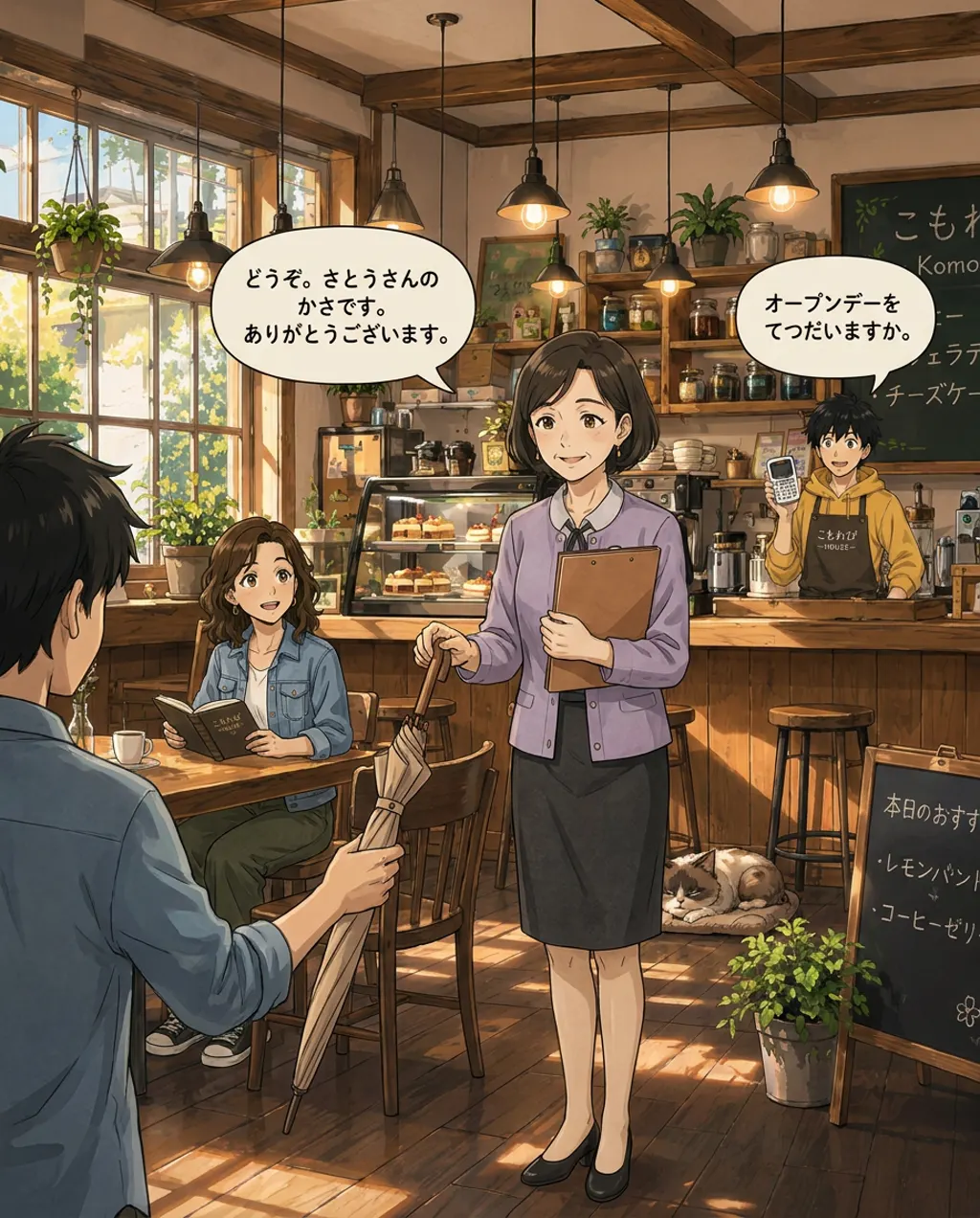 Seen over your shoulder, you are handing the blue umbrella to Sato in an office. Another woman, Maya, stands beside Sato and smiles.