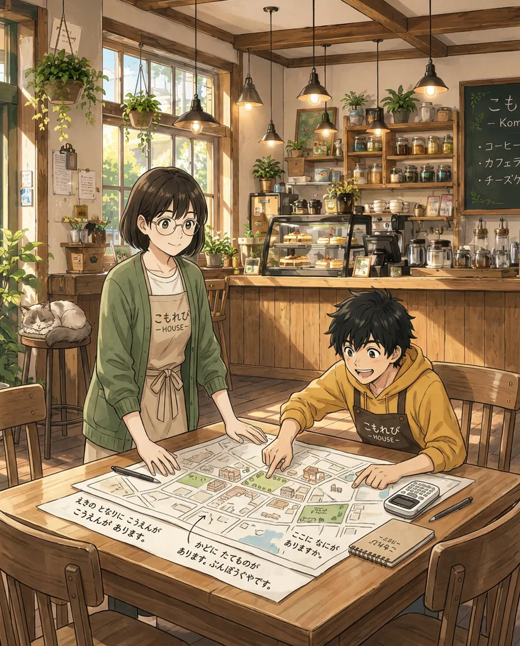 Illustration of Komorebi House café: Aki Mori and Ren Nakamura. Aki lays out the neighbourhood map to plan the supply run.