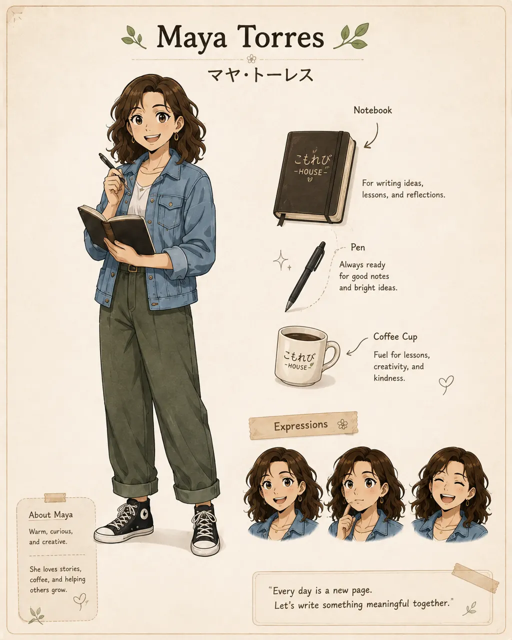 Maya Torres — curly brown hair, denim jacket over green trousers, notebook and pen.