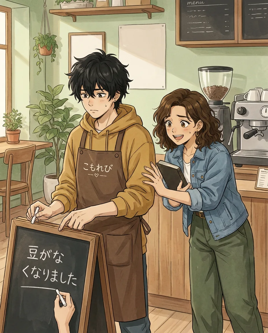 Maya holds up a large bag of coffee beans while Ren carefully pours them into a grinding machine.
