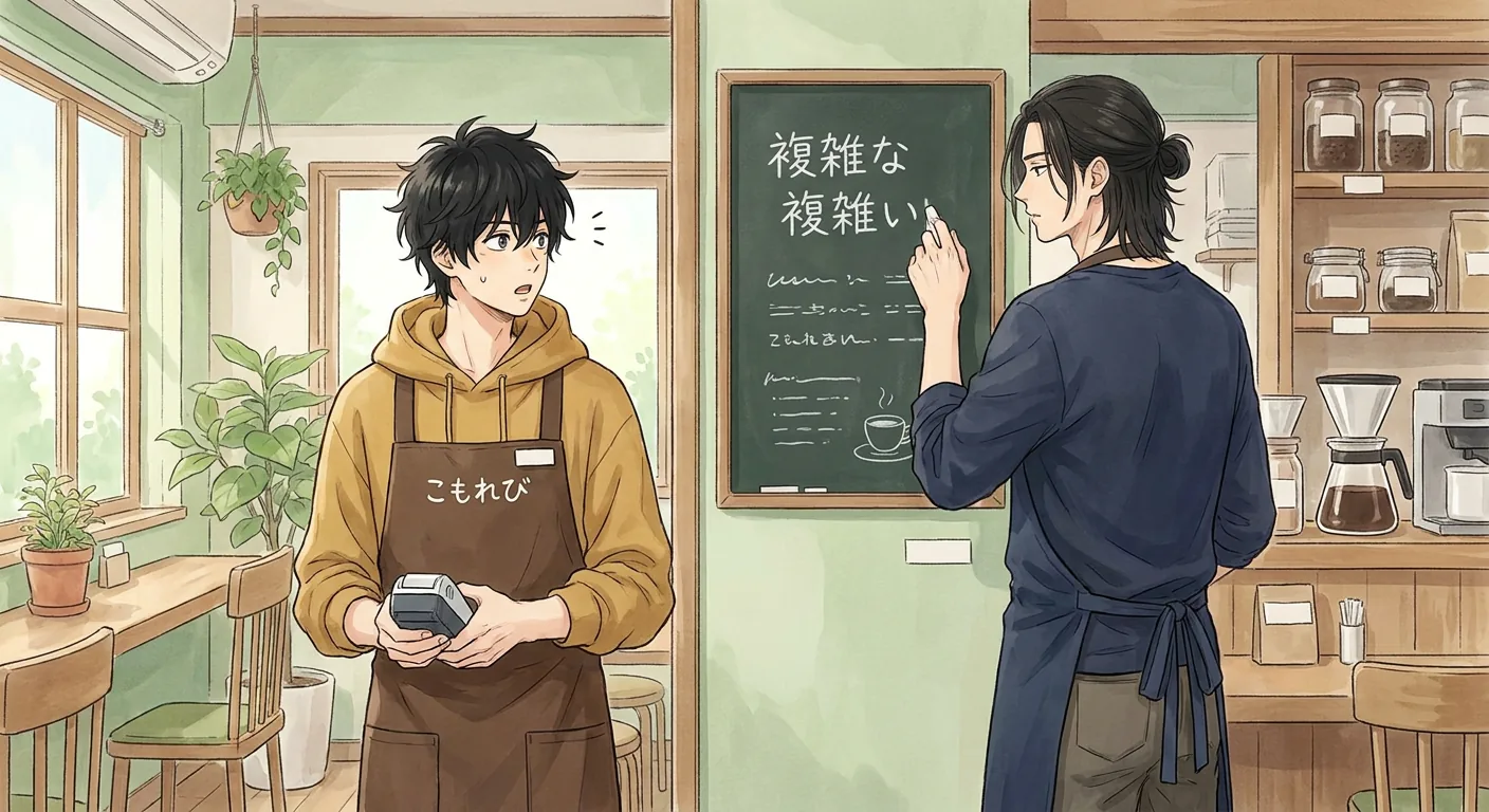 Ren gestures towards a vibrant painting on the café wall, describing it to a curious-looking Haru.