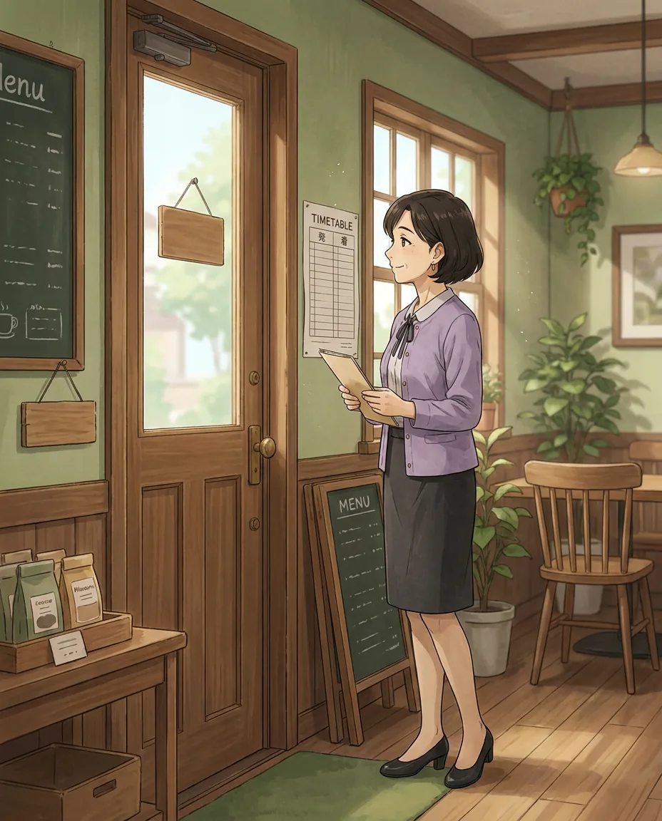 In the café, Sato is looking at a travel guide for Tokyo, a thoughtful look on his face as he plans a trip.