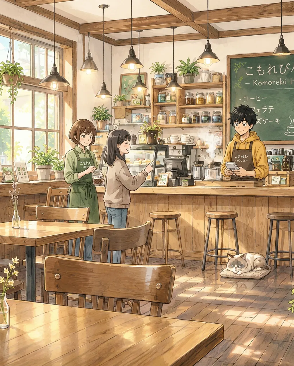 Ren stands behind the counter, holding out a cup of coffee. On the counter is a small plate with the single cake and its price tag.