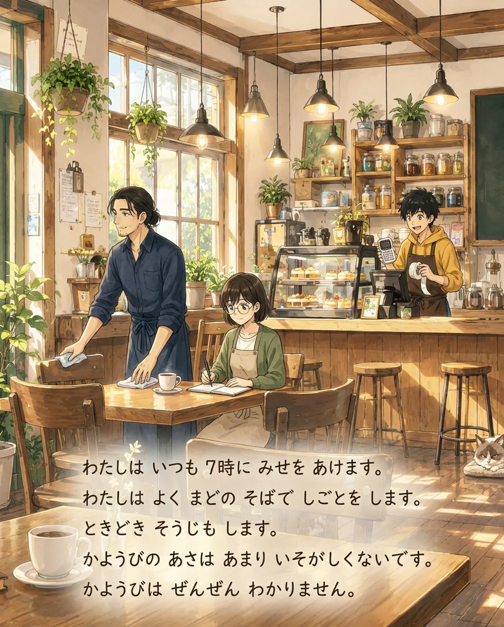 Illustration of the street outside Komorebi House: Haru Kondo and Aki Mori and Ren Nakamura. The learner follows a normal morning schedule at Komorebi.