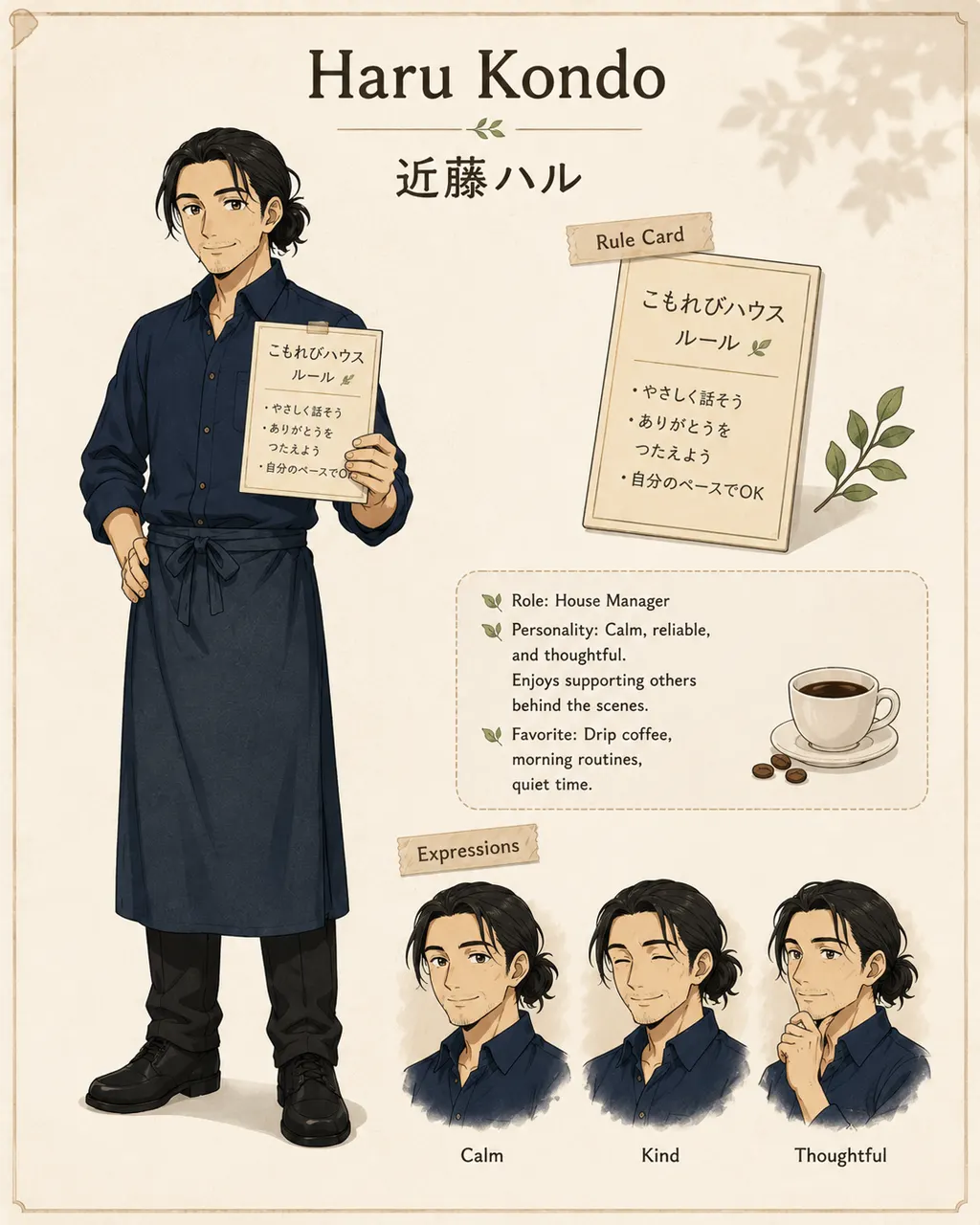 Haru Kondo — longer dark hair tied back, navy shirt and full-length navy apron.
