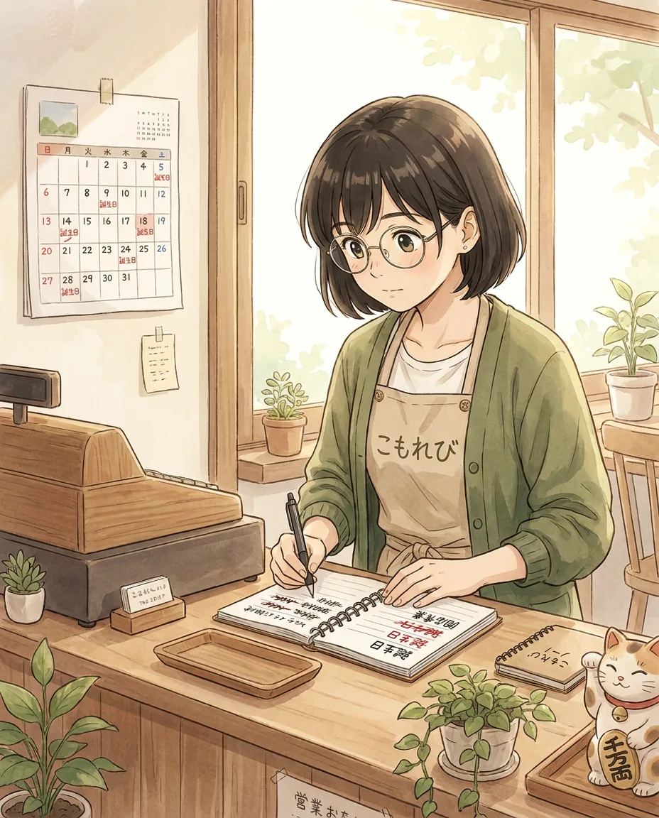 Aki sits at a table in the sunlit Komorebi House café, thoughtfully looking at a calendar on her phone.