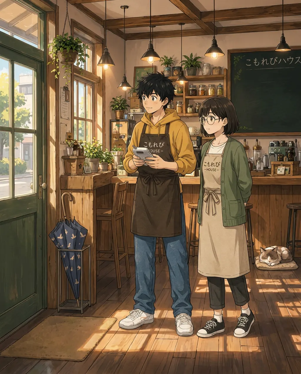 Near the entrance of the café, Ren holds up a dark-blue umbrella decorated with a small bird pattern. Aki stands next to him, looking at it thoughtfully.