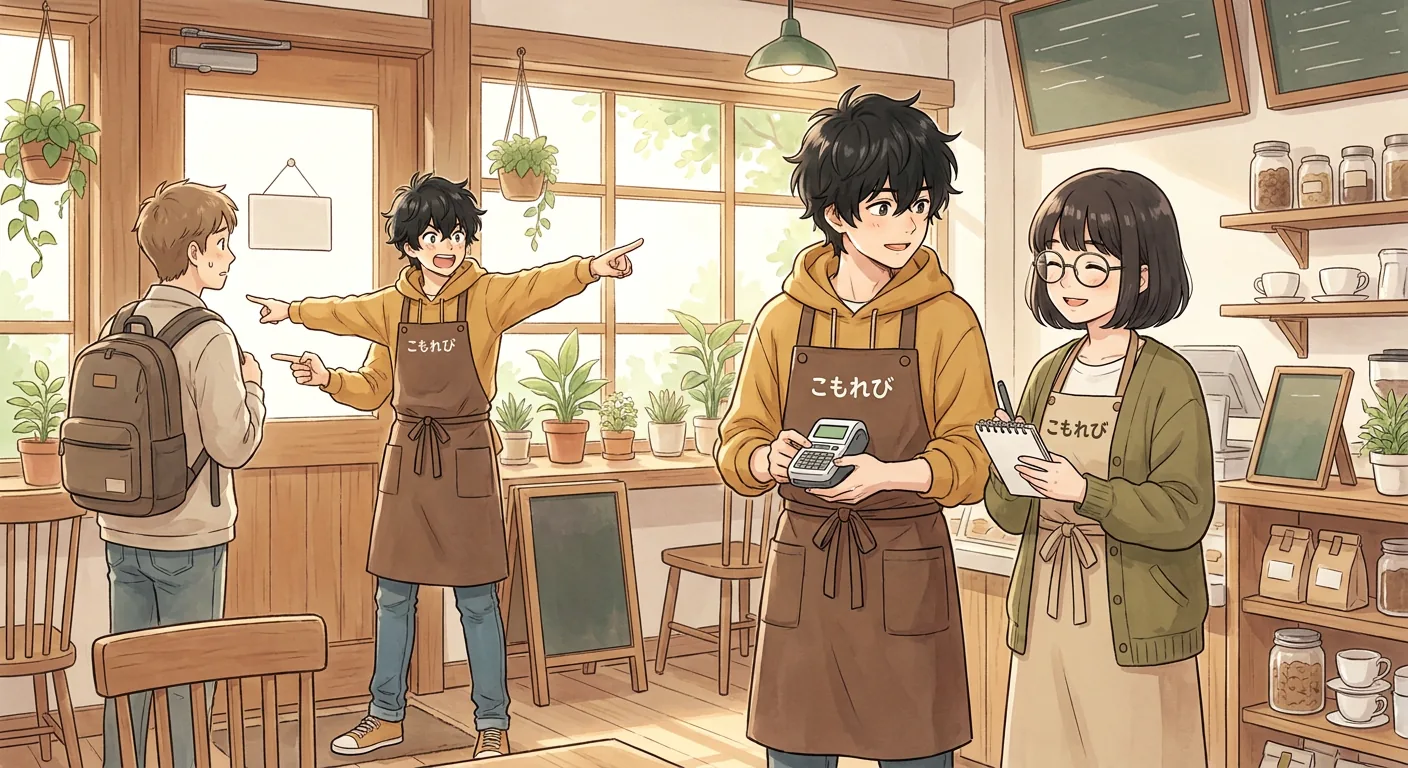 In the Komorebi House café, Ren gestures with an open hand, as if explaining directions to someone off-screen.
