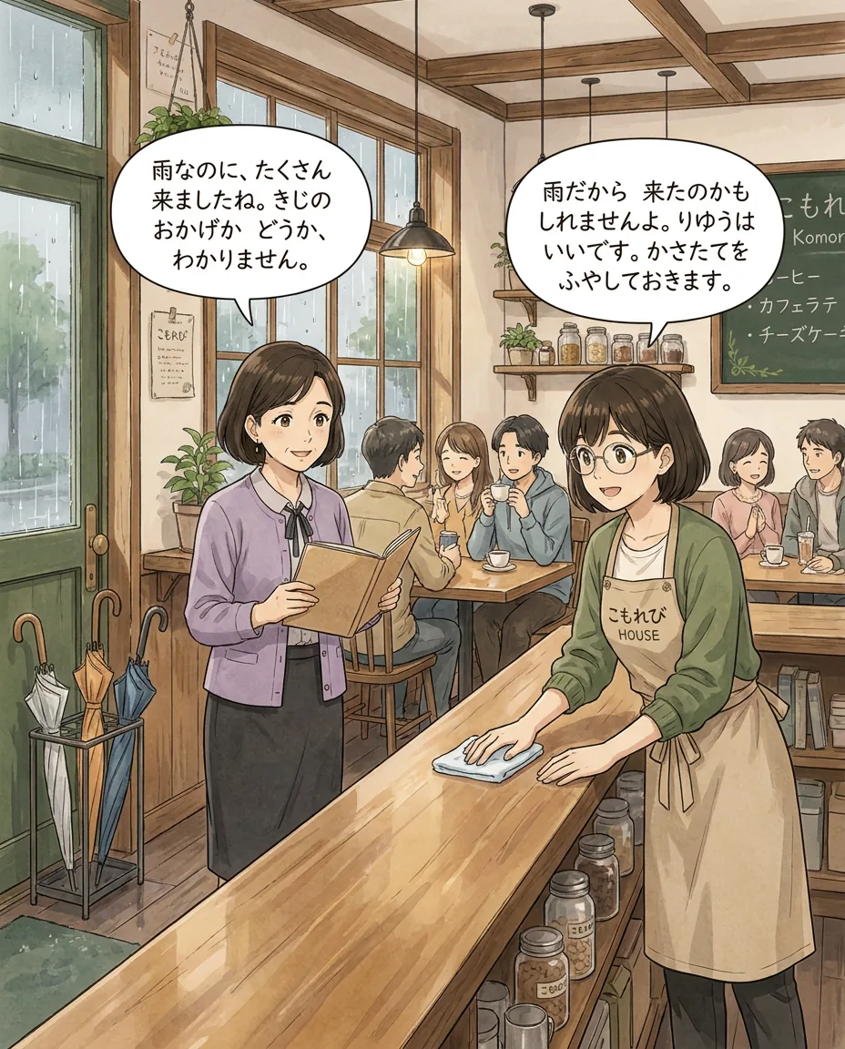Aki and Sato look out from the counter at a surprisingly full café as heavy rain falls outside.