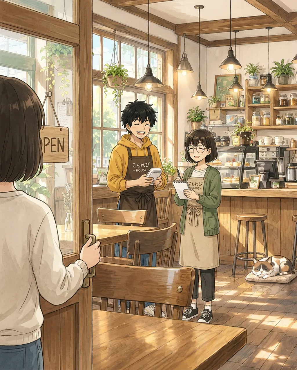 Seen over your shoulder, the interior of Komorebi House café reveals Ren behind the counter and Aki standing nearby. The room is warmly lit, and they are both looking towards you.