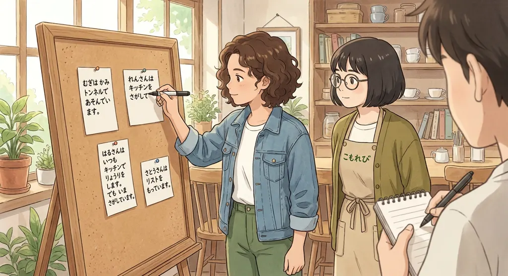 Illustration of the staff board at Komorebi House: Maya Torres and Aki Mori, seen over your shoulder. Maya builds a live status board while everyone searches.