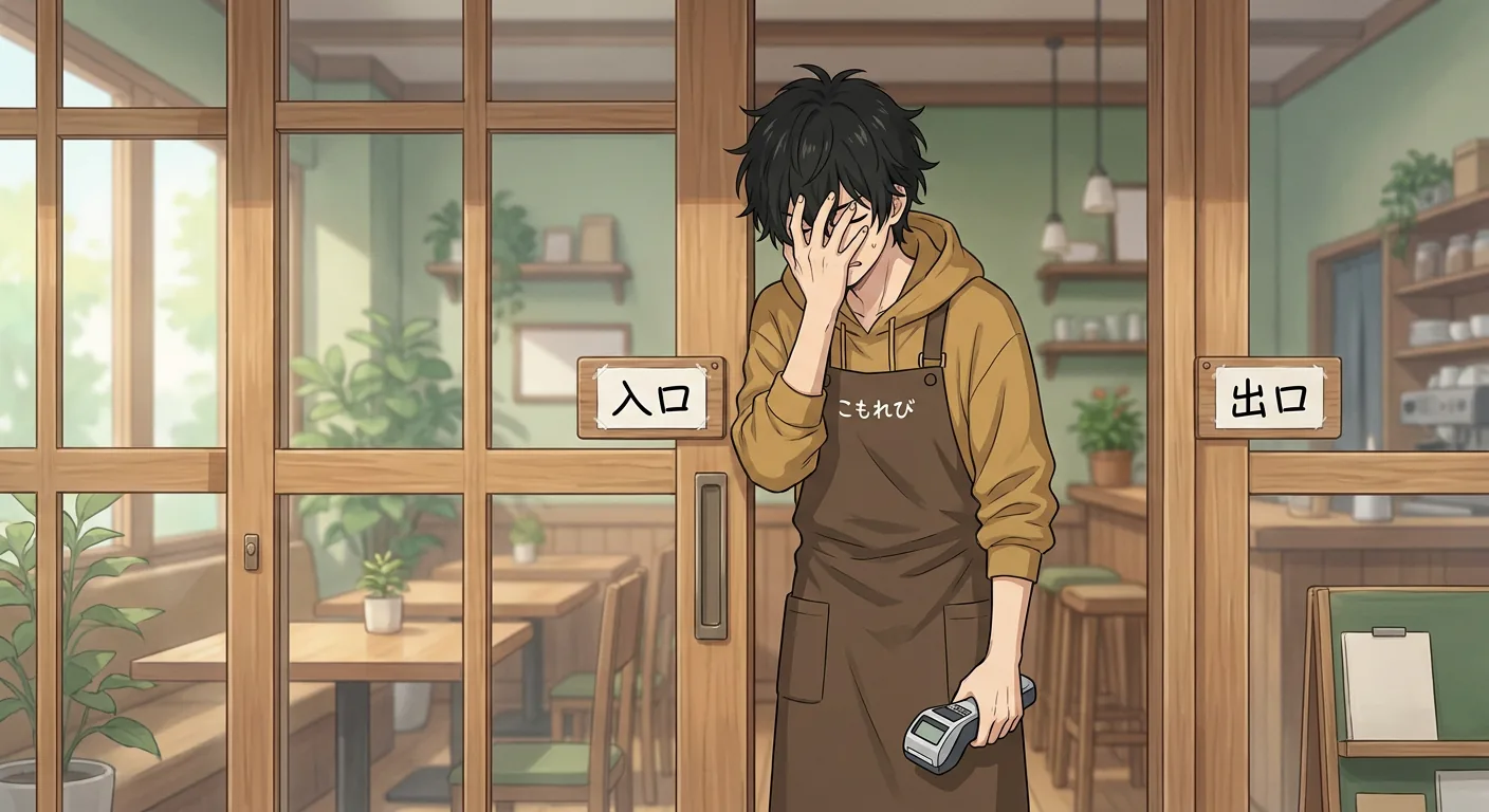 Ren stands at the open door of the Komorebi House café, holding a sign as he looks outside.