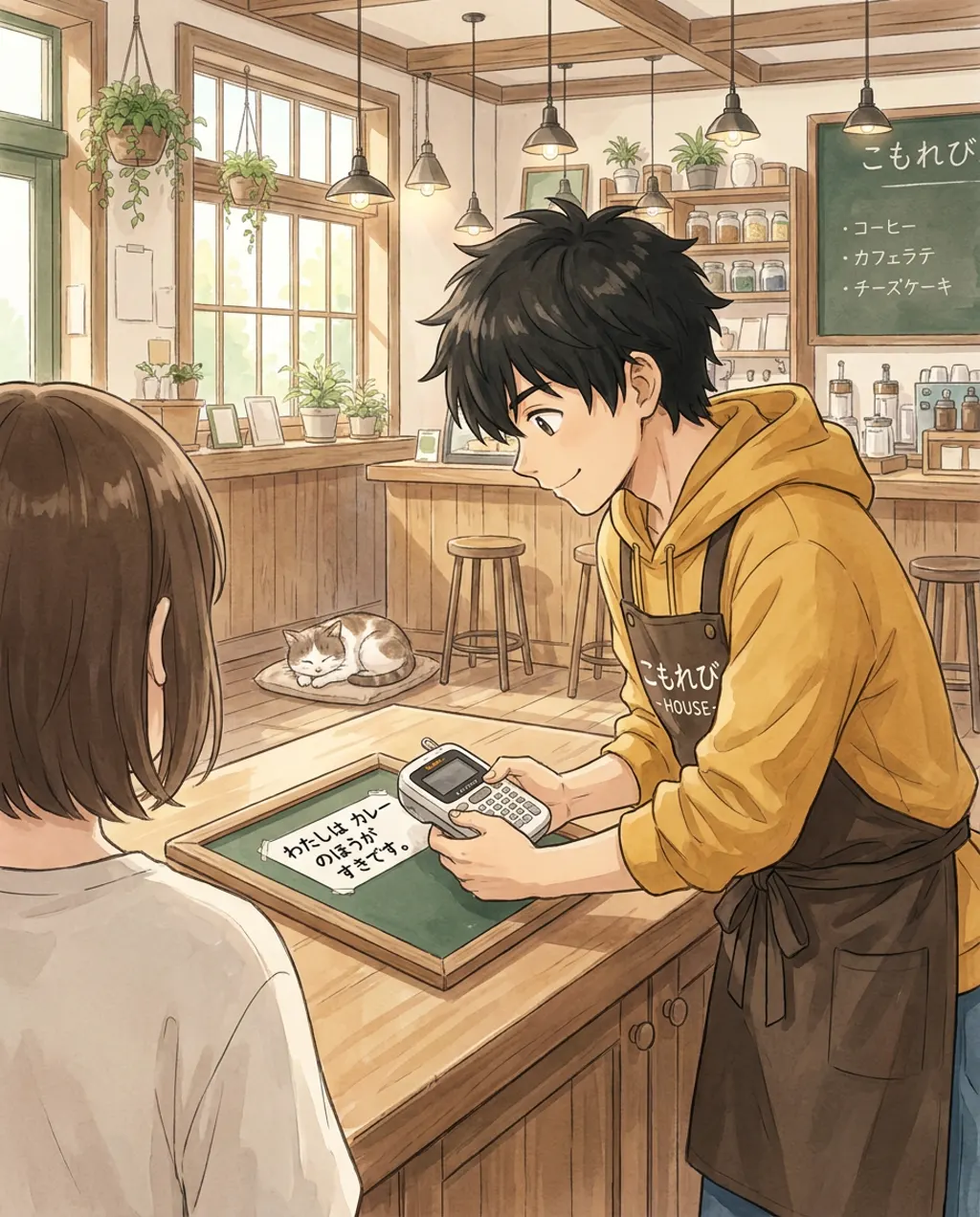 Illustration of Komorebi House café: the room, empty, seen over your shoulder. A shortlist is agreed.