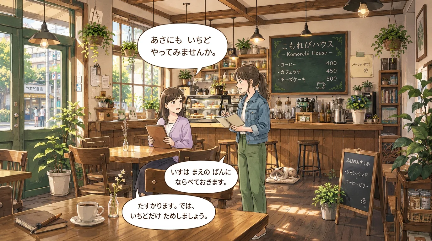 Sato and Maya are looking at a calendar together, with Sato pointing to a Saturday morning.