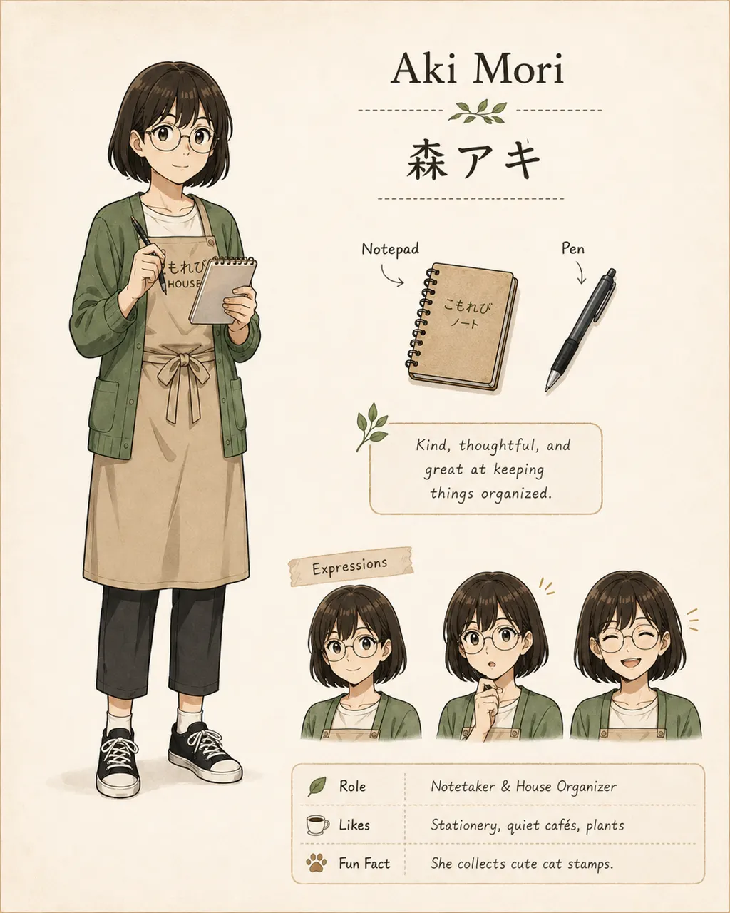 Aki Mori — short dark bob, round glasses, olive cardigan over a beige apron, notepad and pen.